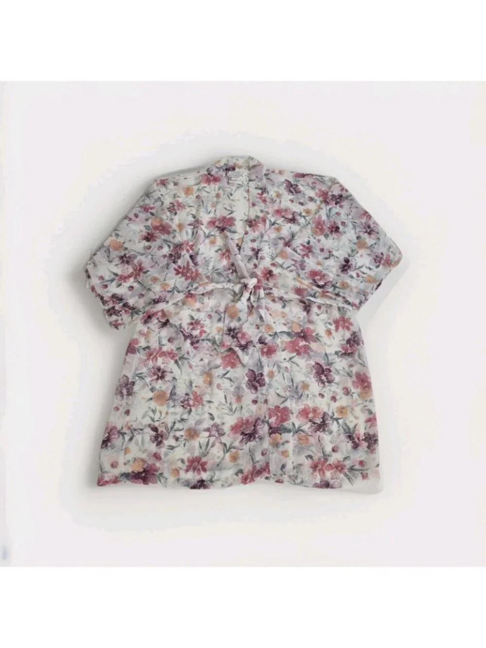Vtg La Senza Short Kimono Robe S/M Sheer Chiffon Floral Watercolor Belt Coquette